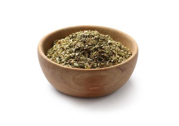 Photo of Dried oregano in bowl isolated on white