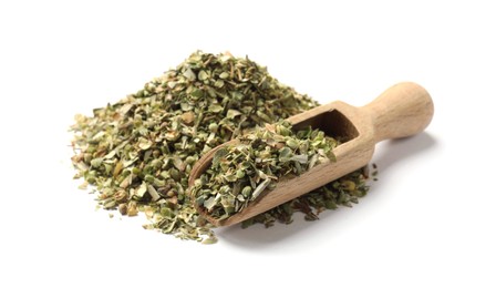 Photo of Pile of dried oregano and scoop isolated on white