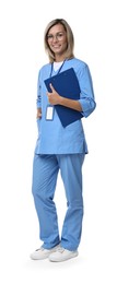 Photo of Smiling healthcare worker with badge and clipboard isolated on white