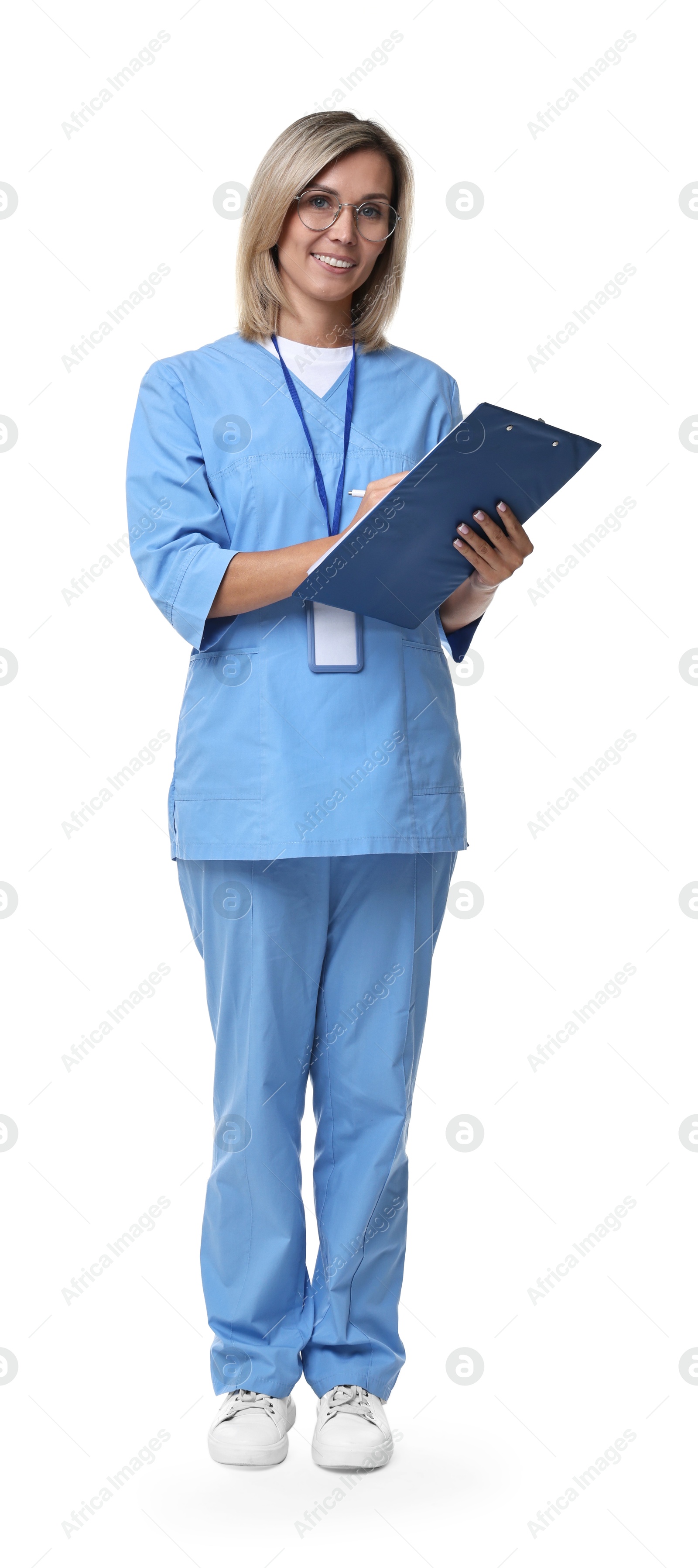 Photo of Smiling healthcare worker with clipboard and pen on white background