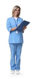 Smiling healthcare worker with clipboard and pen on white background