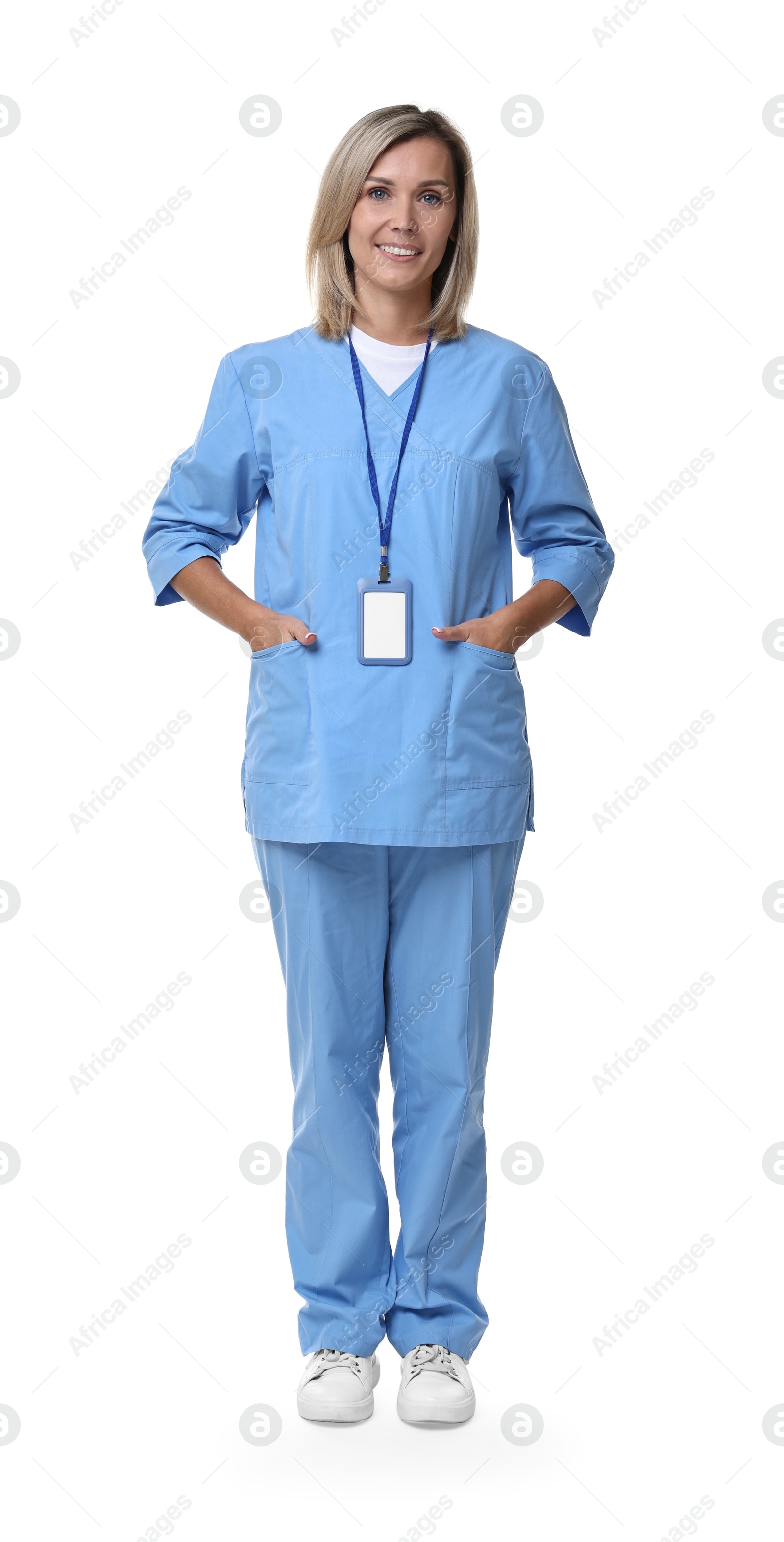 Photo of Smiling healthcare worker with clipboard on white background