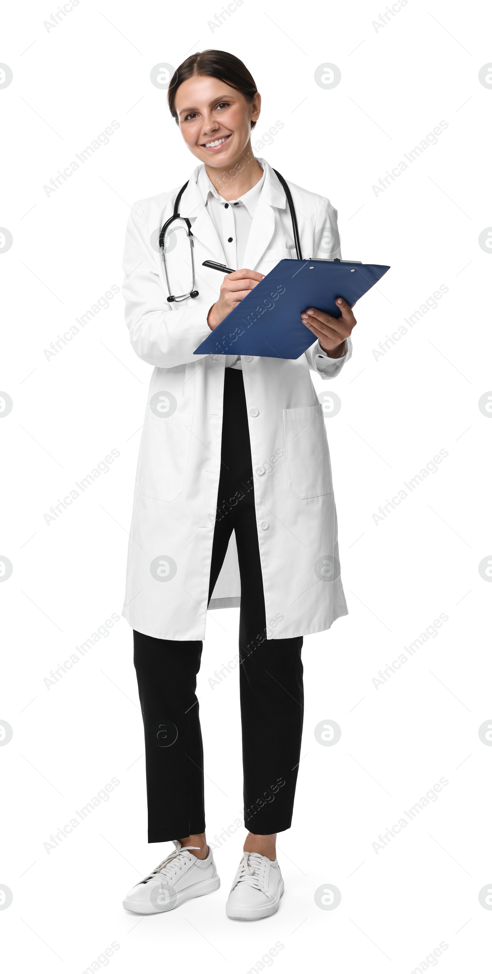 Photo of Smiling healthcare worker with clipboard and pen on white background