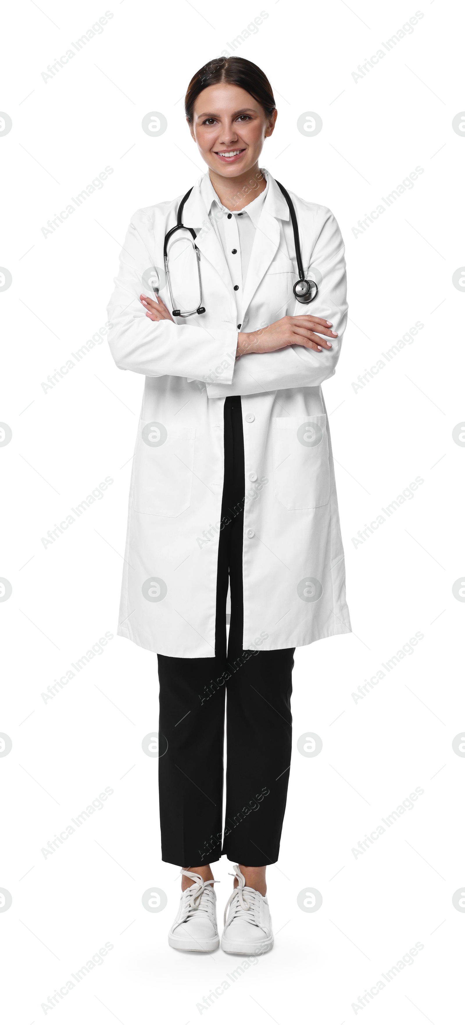 Photo of Smiling healthcare worker with stethoscope on white background