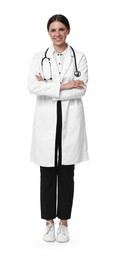 Photo of Smiling healthcare worker with stethoscope on white background