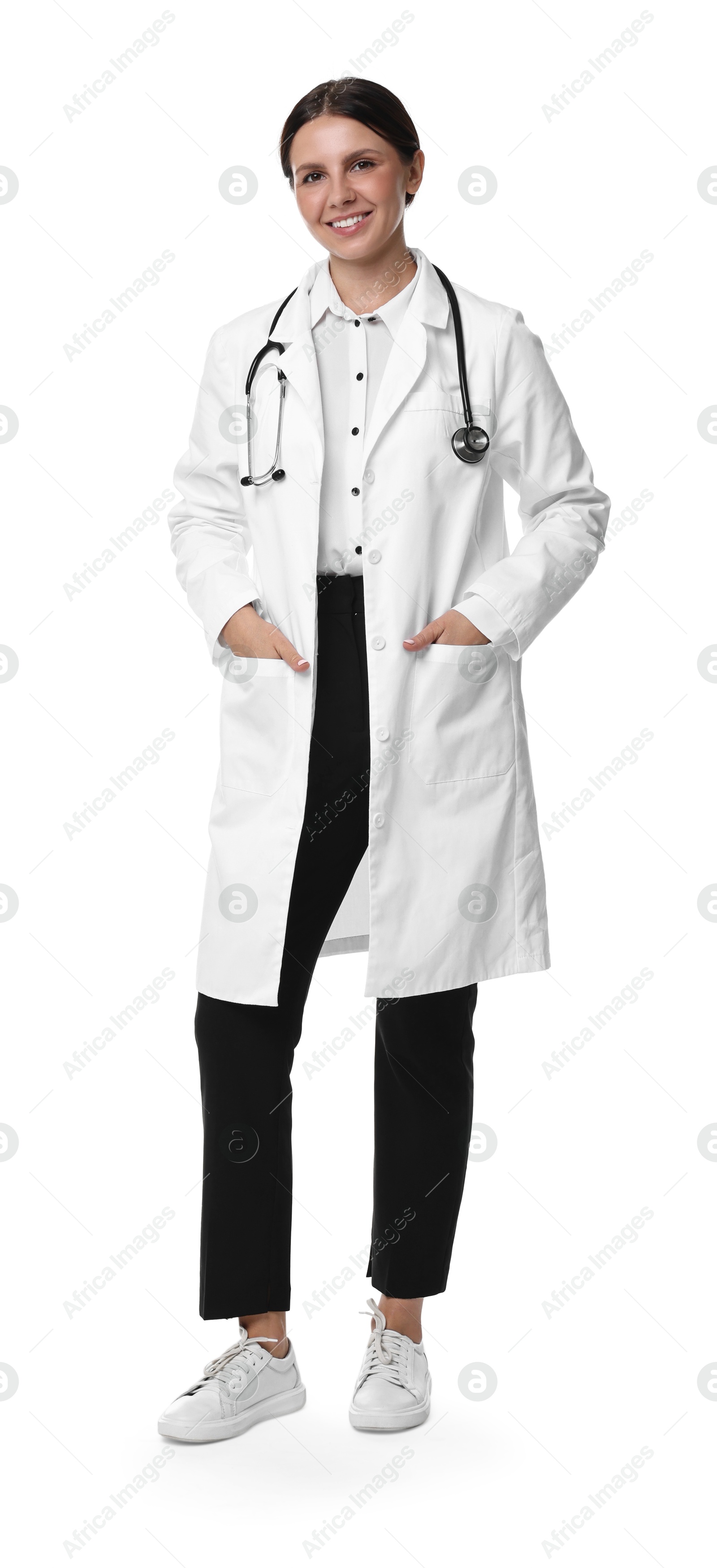 Photo of Smiling healthcare worker with stethoscope on white background