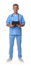 Photo of Smiling healthcare worker with stethoscope and clipboard on white background