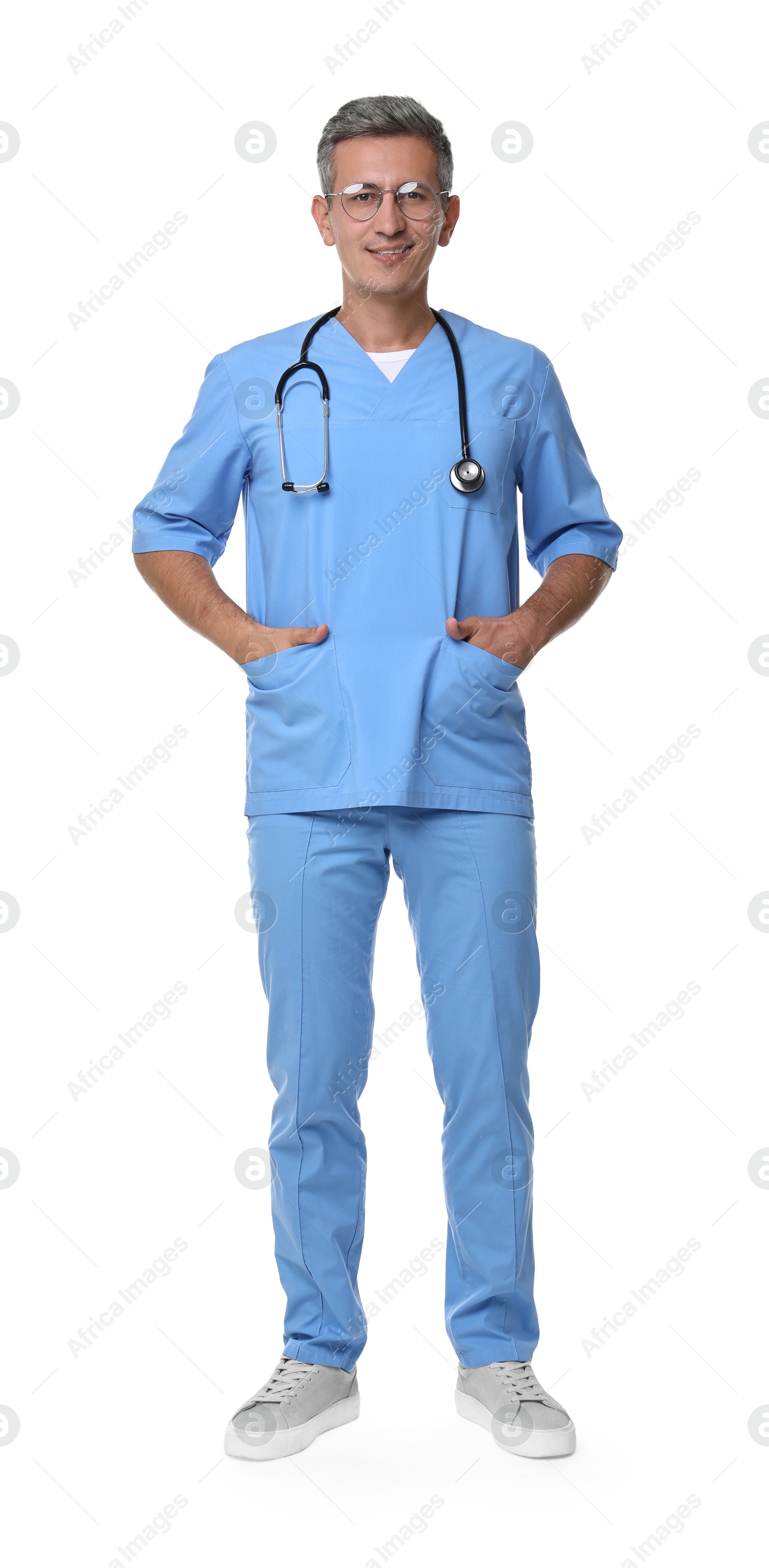 Photo of Smiling healthcare worker in glasses on white background