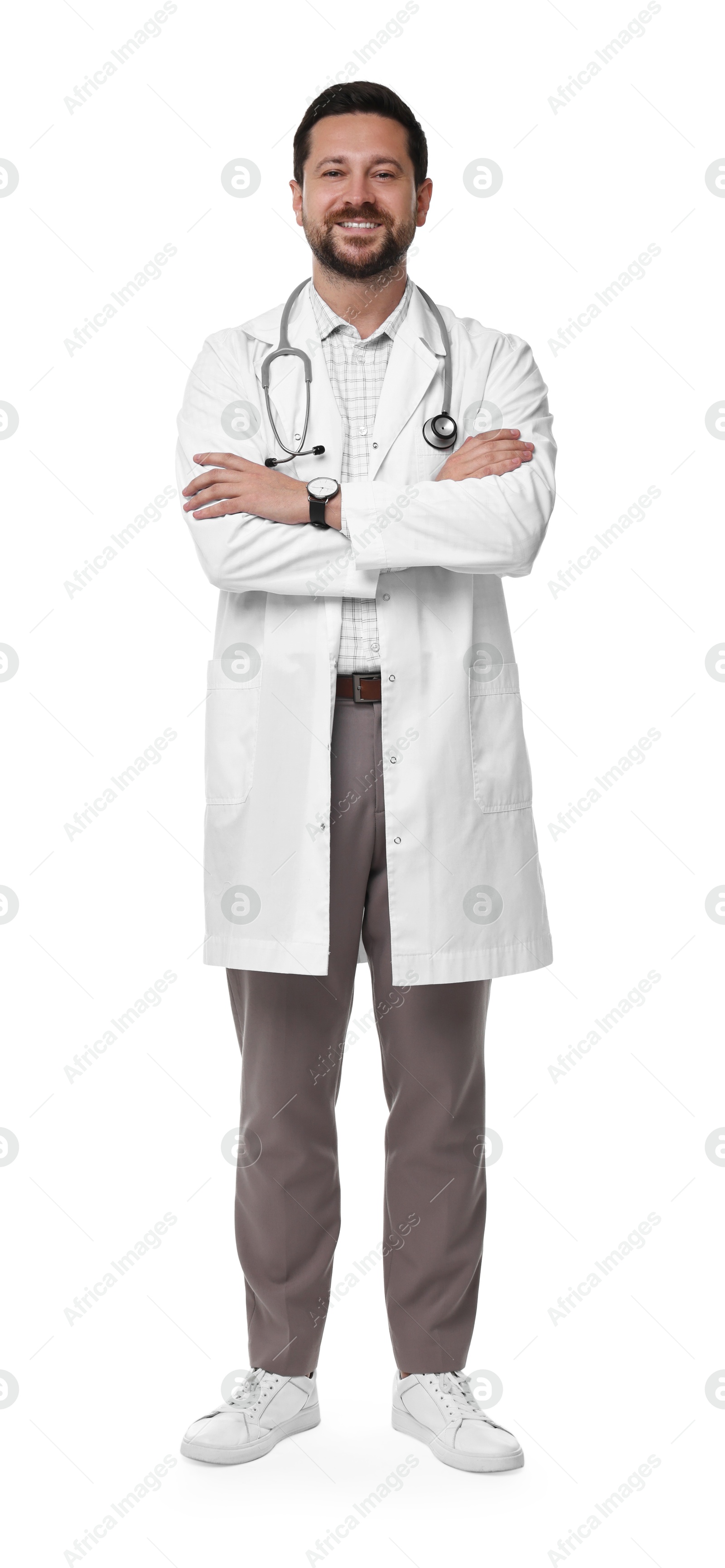 Photo of Smiling healthcare worker with stethoscope on white background