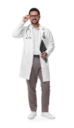 Smiling healthcare worker with stethoscope and clipboard on white background