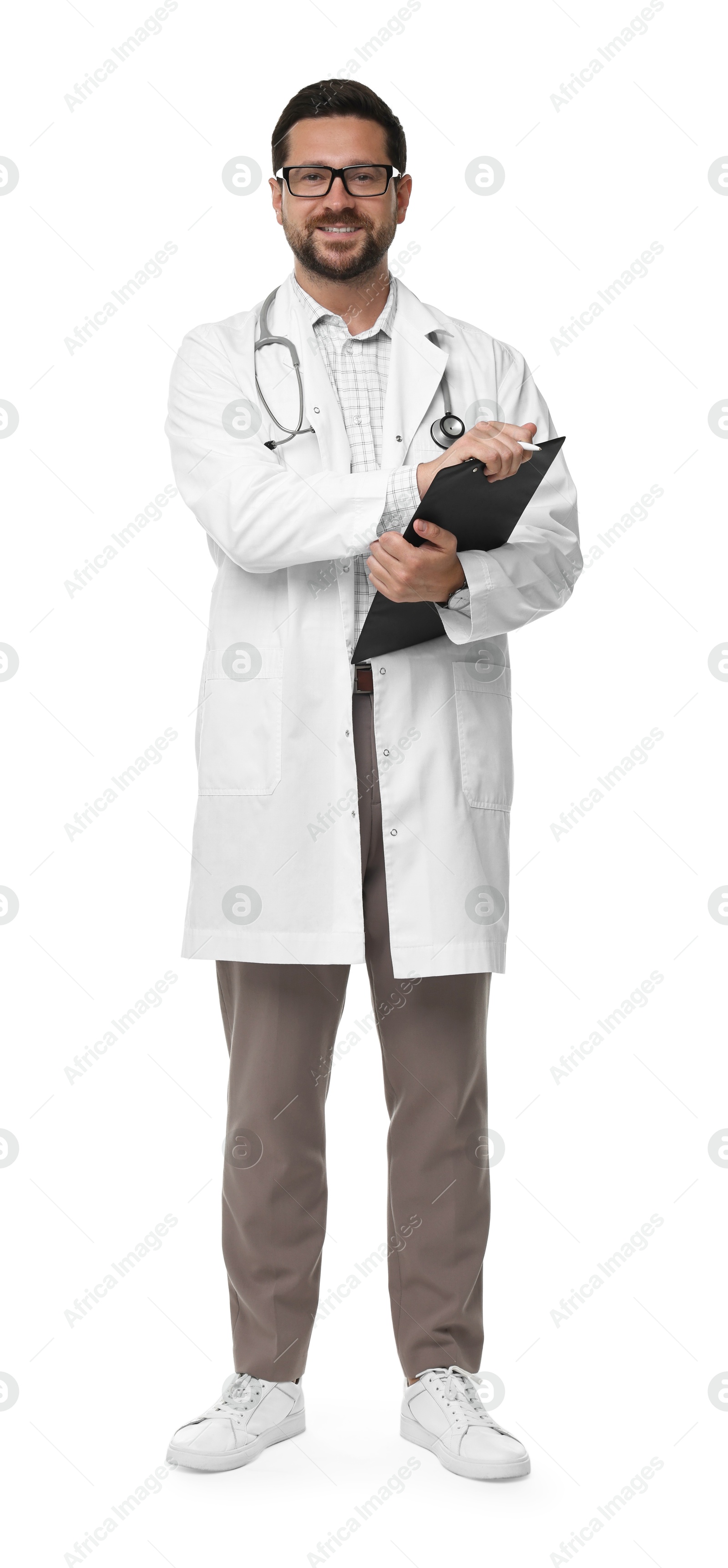 Photo of Smiling healthcare worker with stethoscope and clipboard on white background