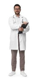 Photo of Smiling healthcare worker with stethoscope and clipboard on white background