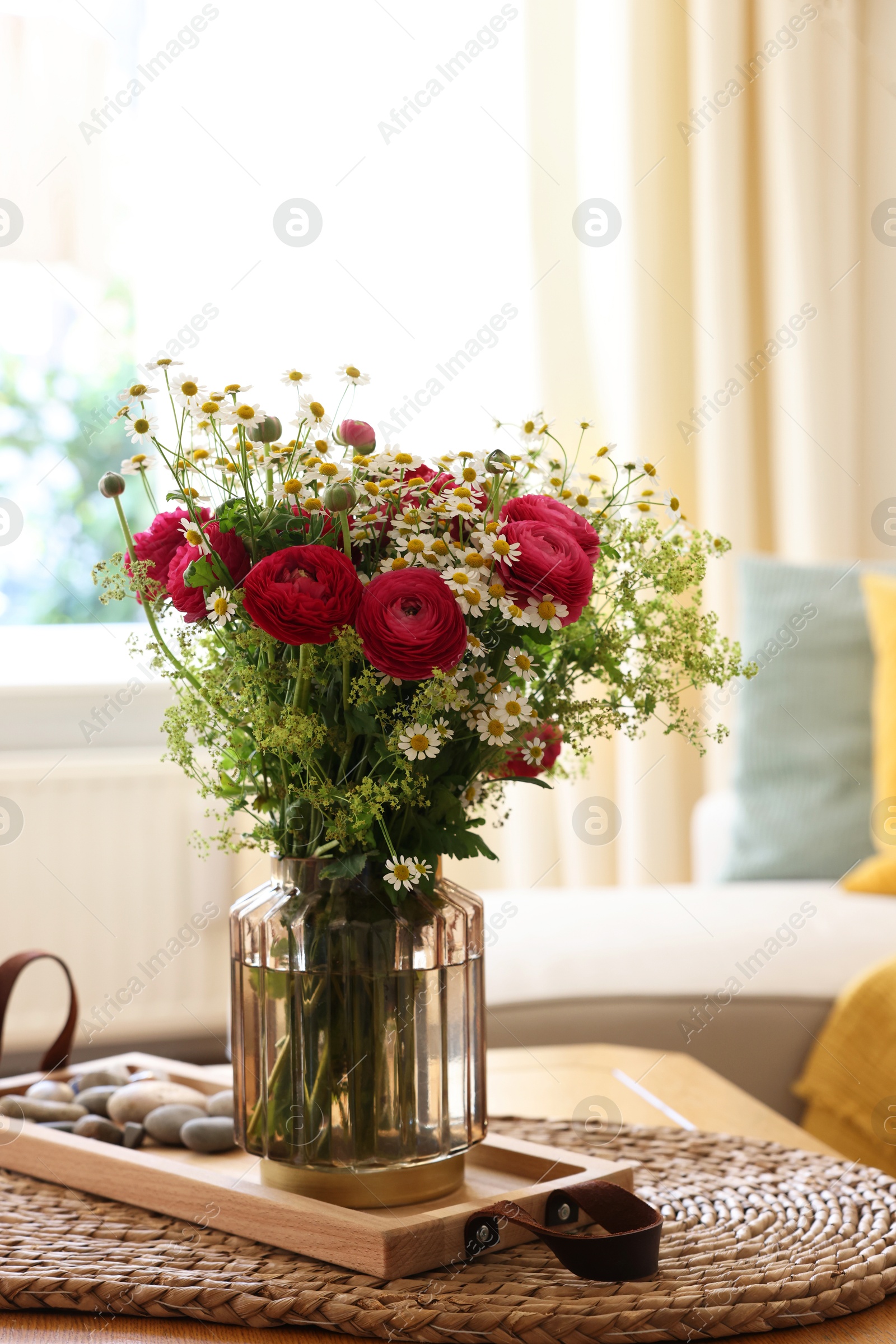 Photo of Beautiful ranunculus flowers and chamomiles in vase on table indoors