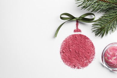 Photo of Christmas ball made of blush with bow and fir branch on white background, flat lay. Space for text