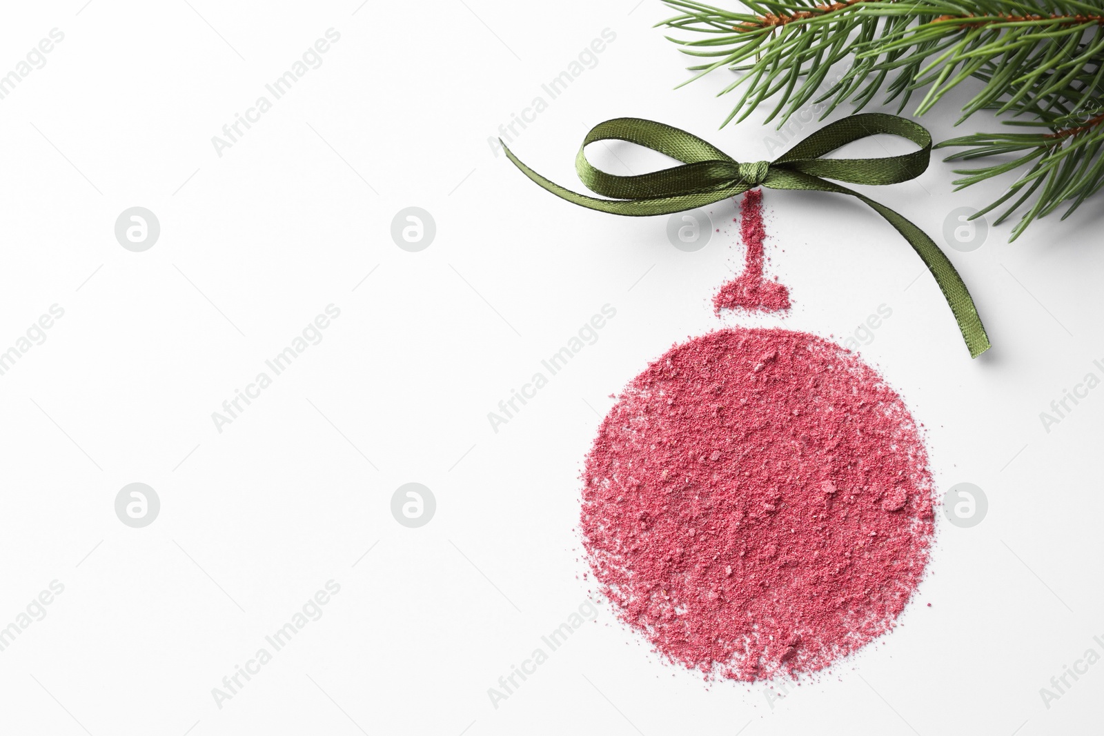 Photo of Christmas ball made of blush with bow and fir branch on white background, flat lay. Space for text