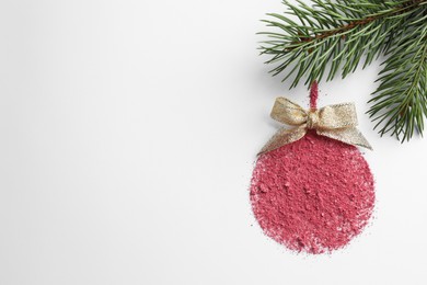 Photo of Christmas ball made of blush with bow and fir branch on white background, top view. Space for text