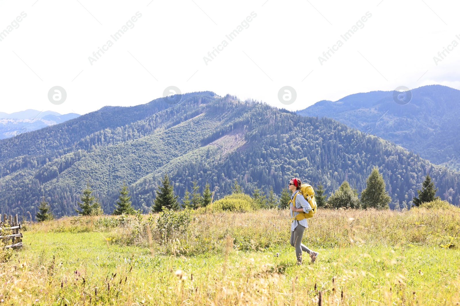 Photo of Young woman with backpack hiking in mountains