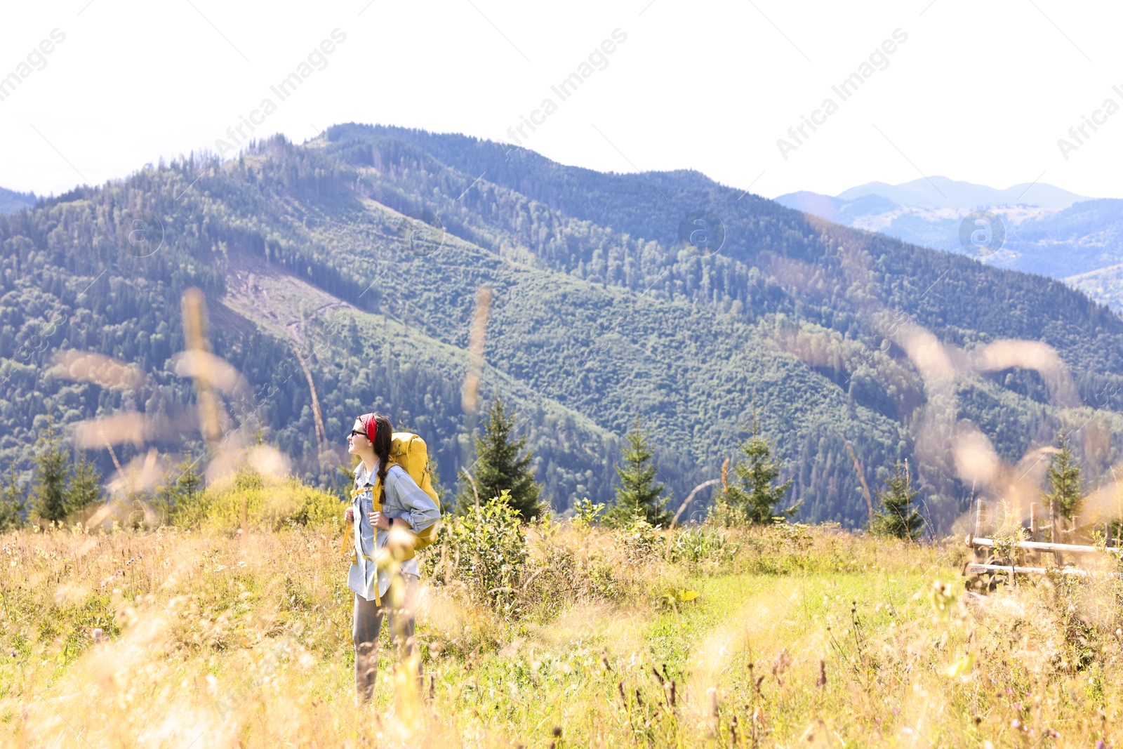 Photo of Young woman with backpack hiking in mountains