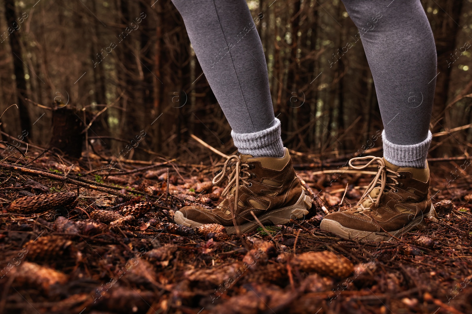 Photo of Hiker with trekking shoes in forest, closeup