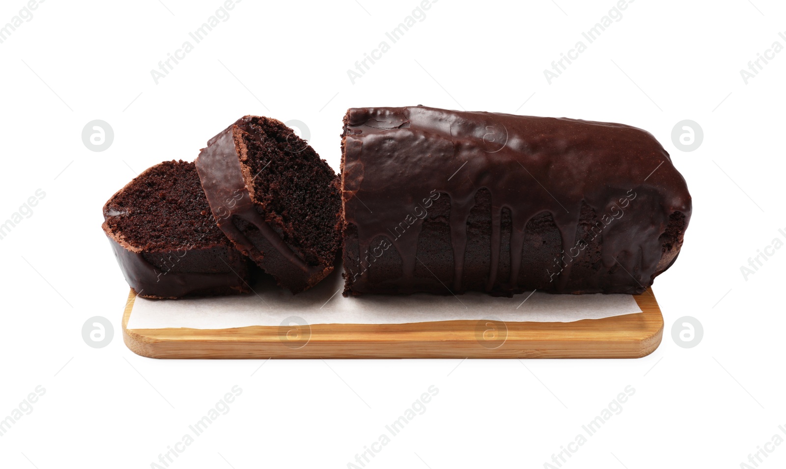 Photo of Tasty chocolate sponge cake isolated on white