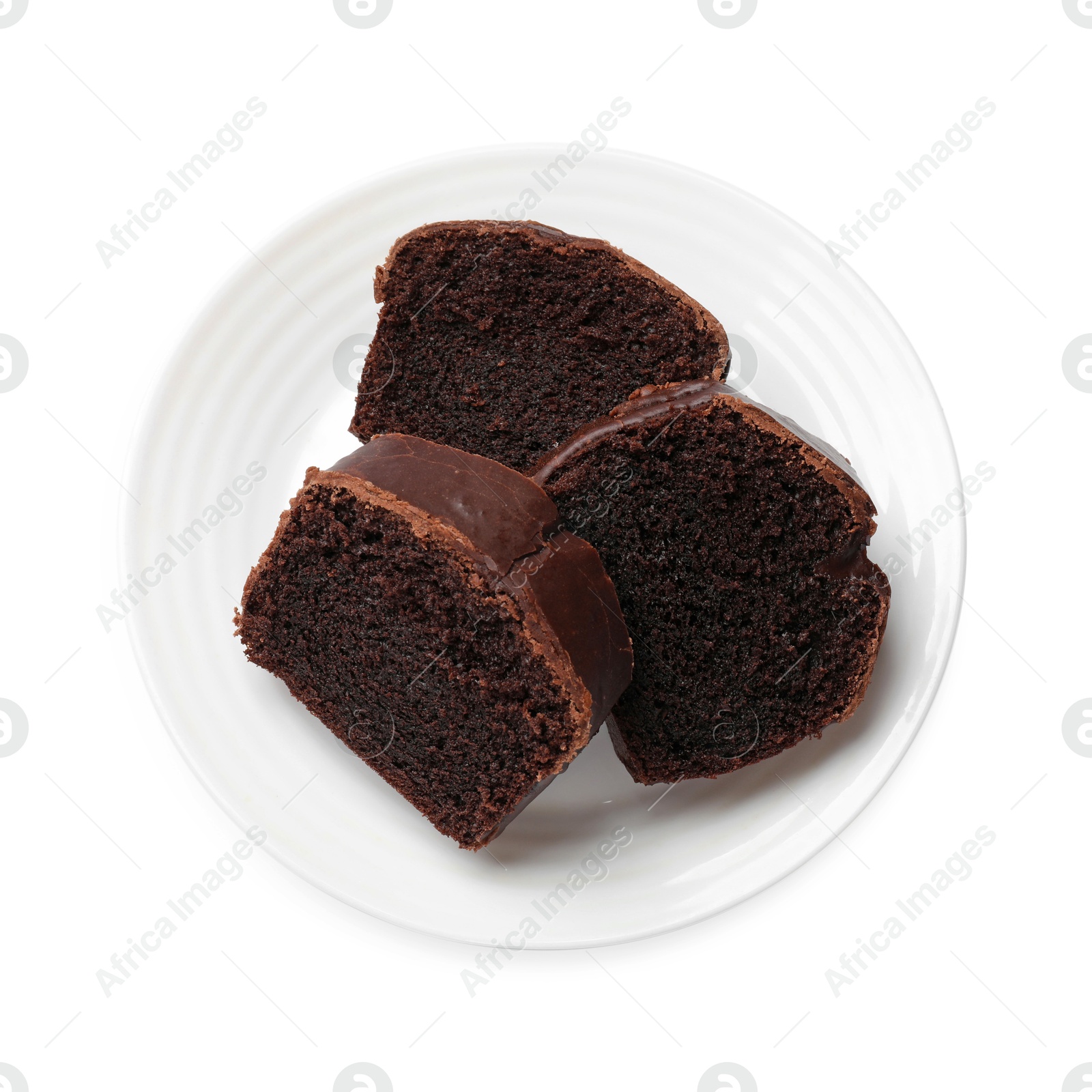 Slices of tasty chocolate sponge cake isolated on white, top view Photo of Slices of tasty chocolate sponge cake isolated on white, top view