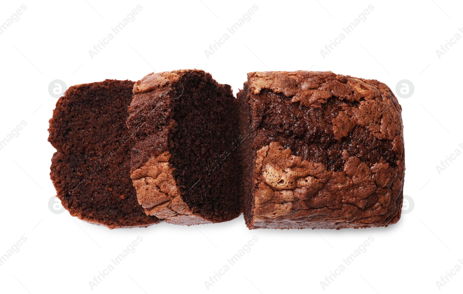 Photo of Delicious cut chocolate sponge cake isolated on white