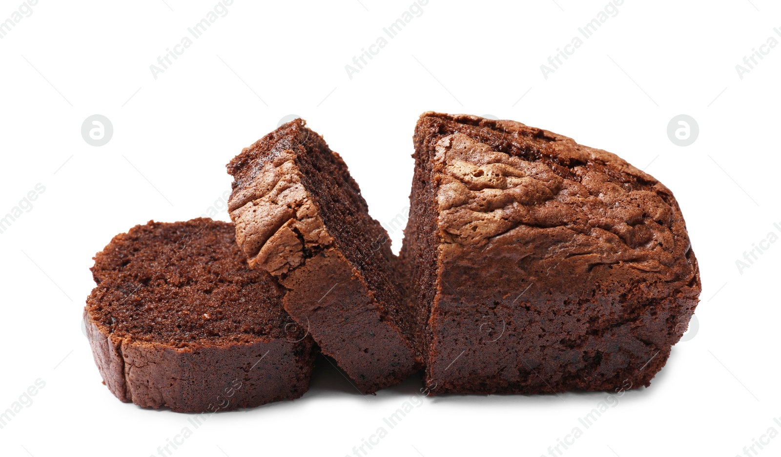 Photo of Delicious cut chocolate sponge cake isolated on white