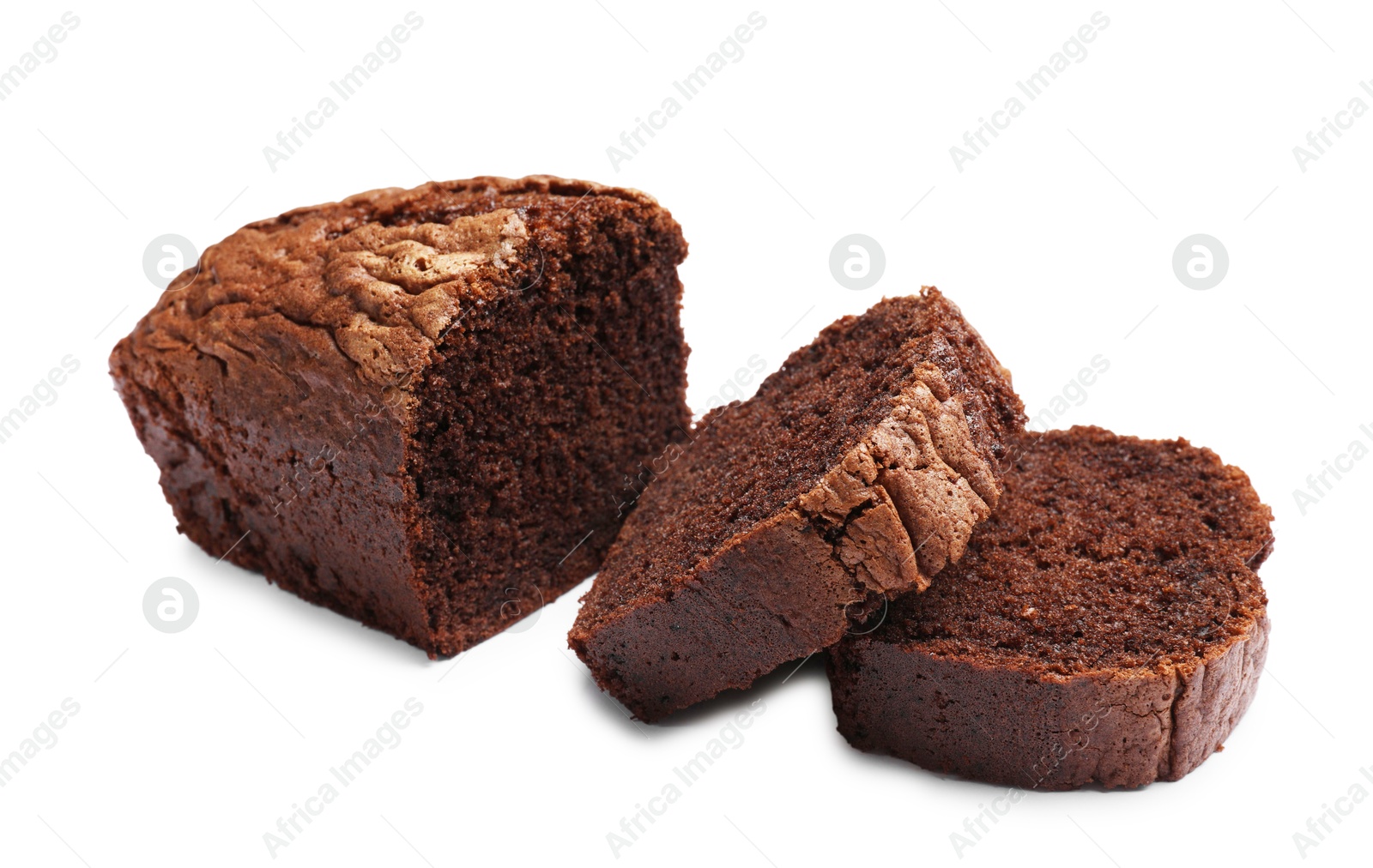 Delicious cut chocolate sponge cake isolated on white Photo of Delicious cut chocolate sponge cake isolated on white