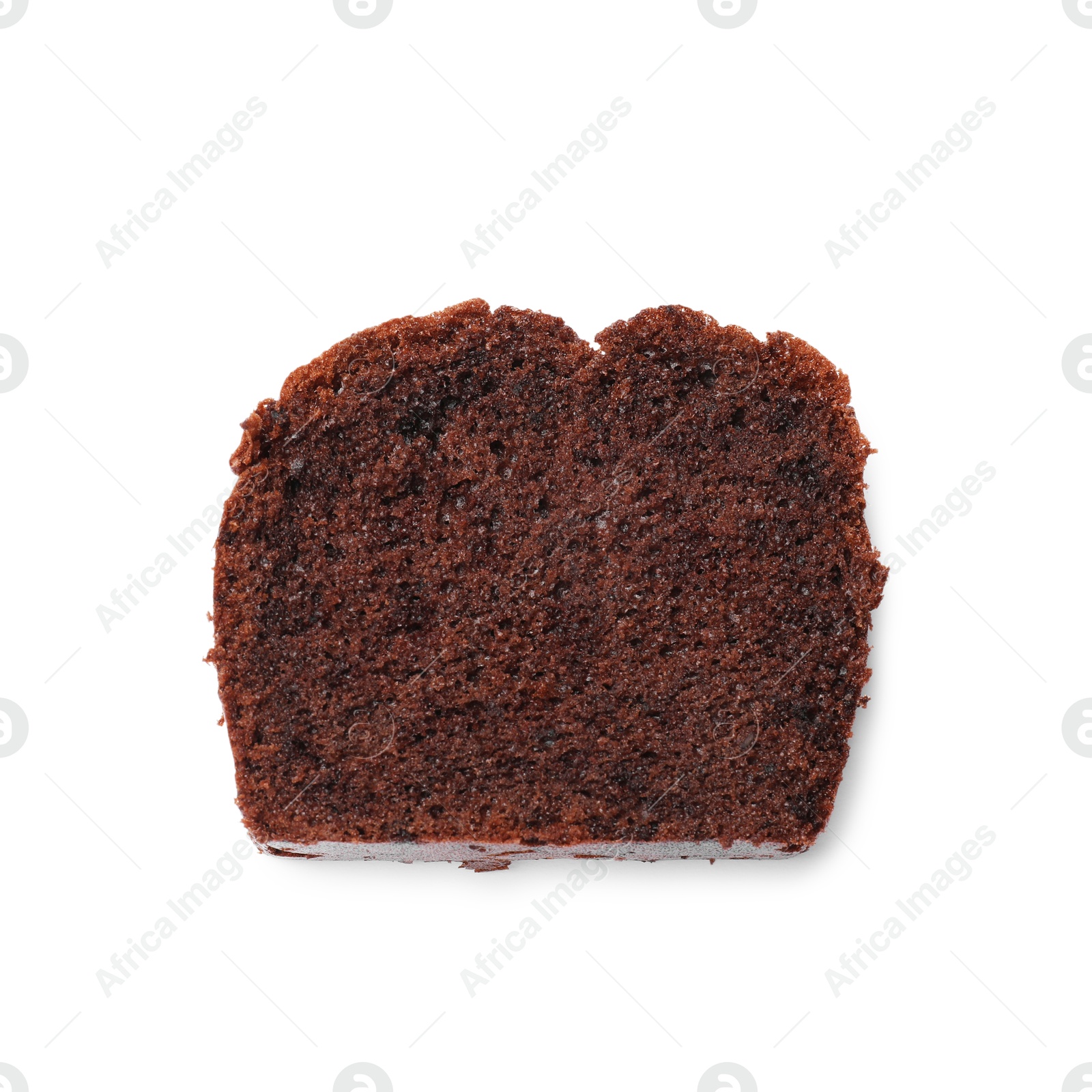 Photo of Piece of delicious chocolate sponge cake isolated on white, top view