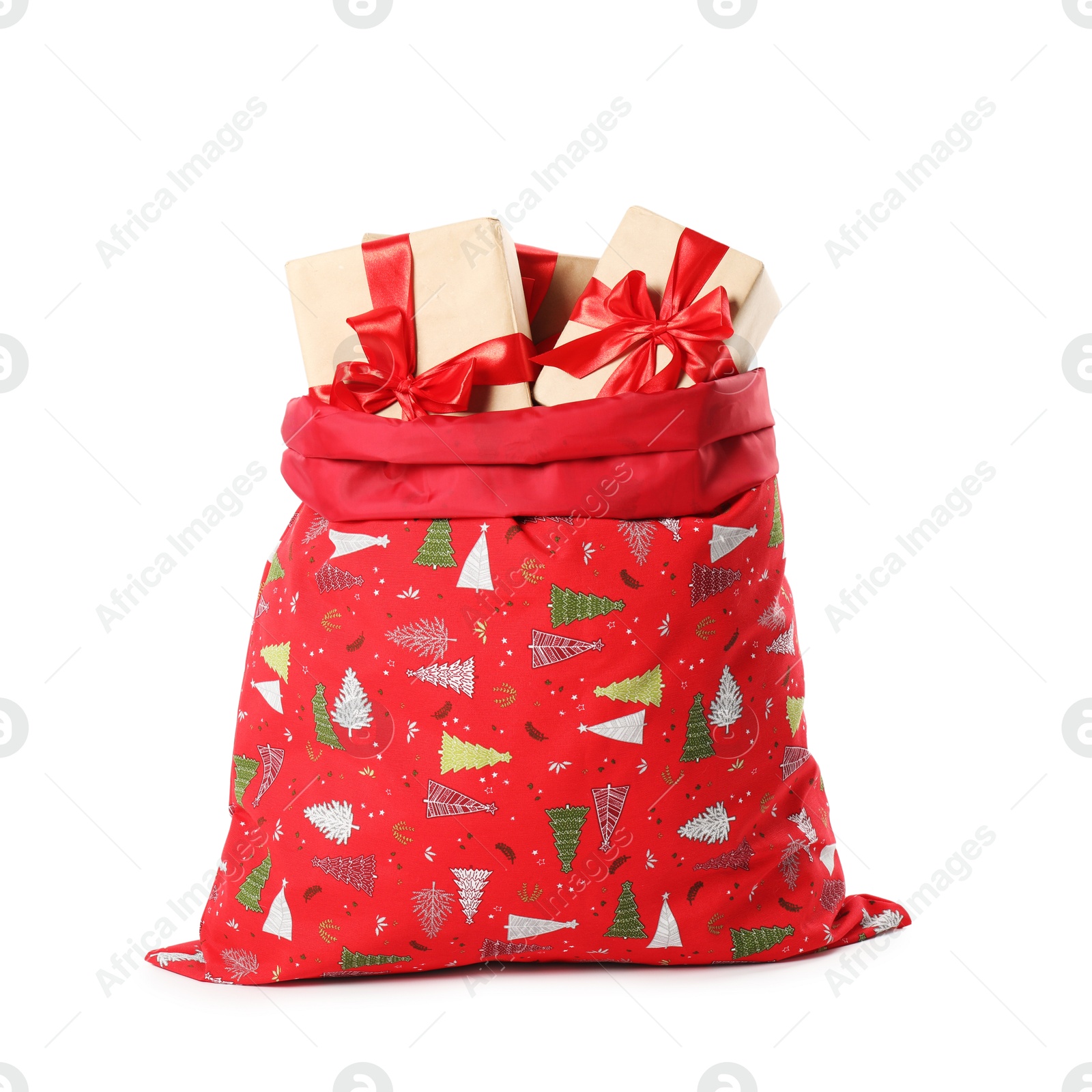 Photo of Santa Claus bag with gift boxes isolated on white