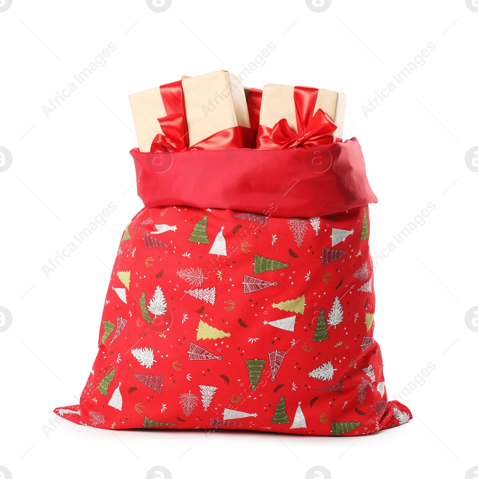 Photo of Santa Claus bag with gift boxes isolated on white