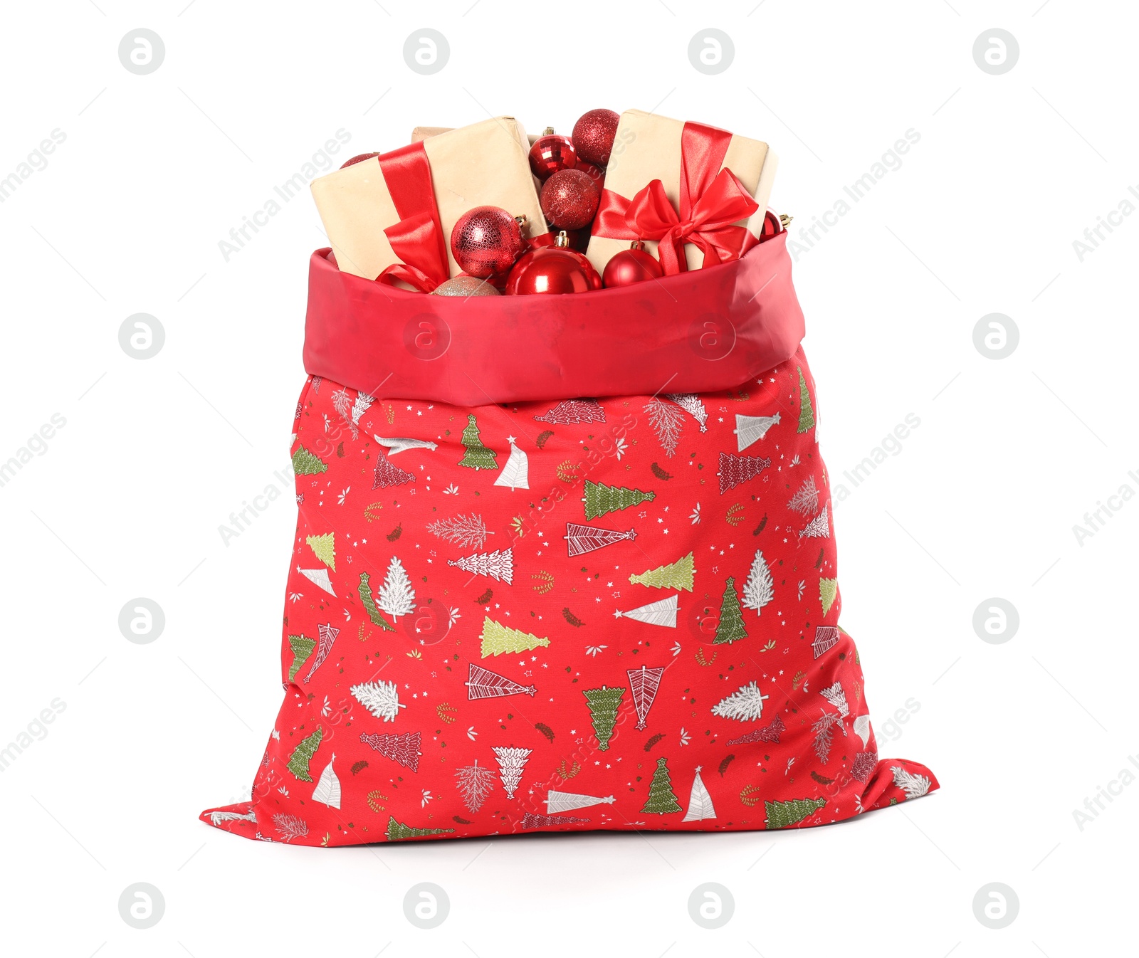 Photo of Santa Claus bag with gift boxes and Christmas balls isolated on white