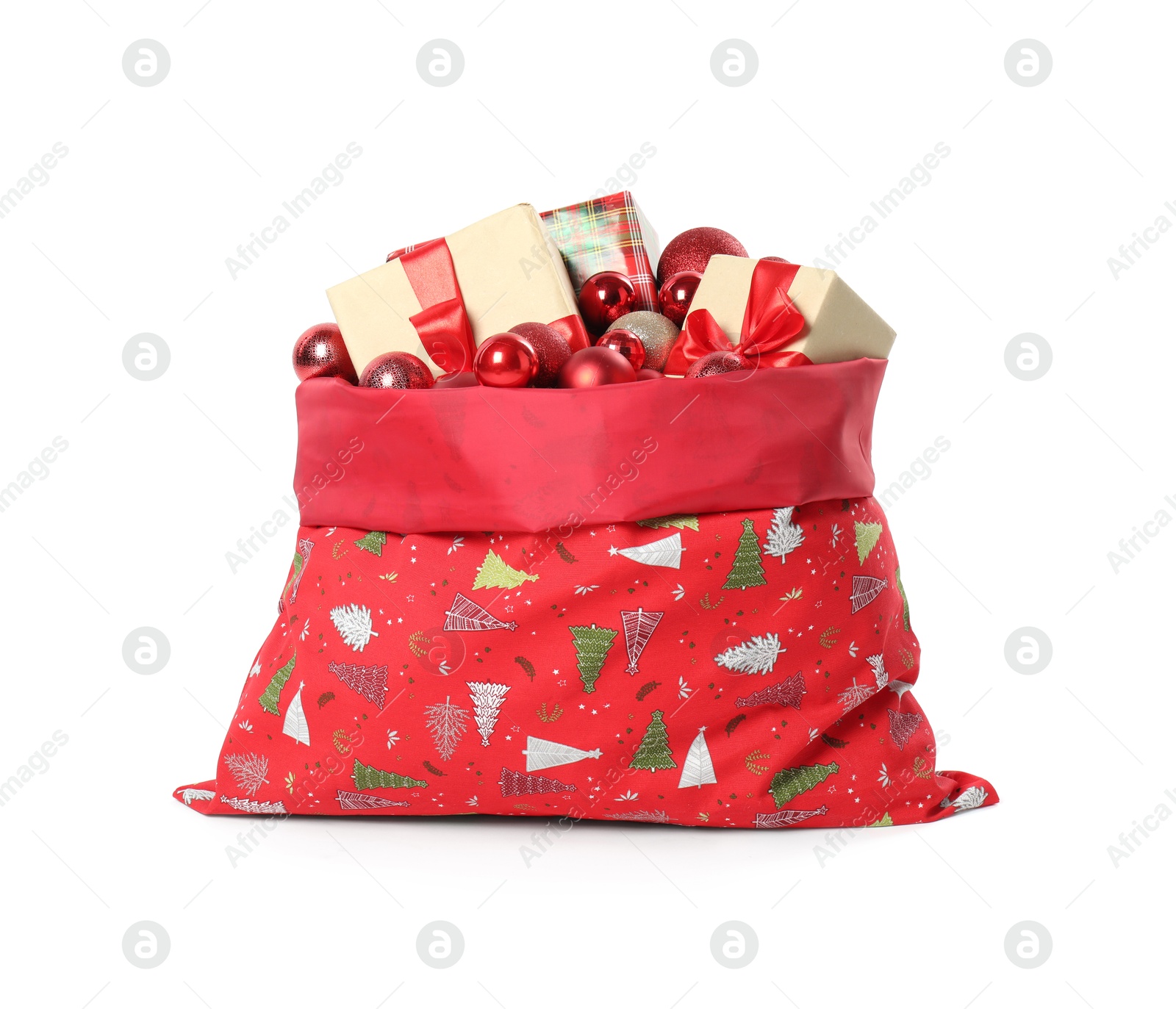 Photo of Santa Claus bag with gift boxes and Christmas balls isolated on white