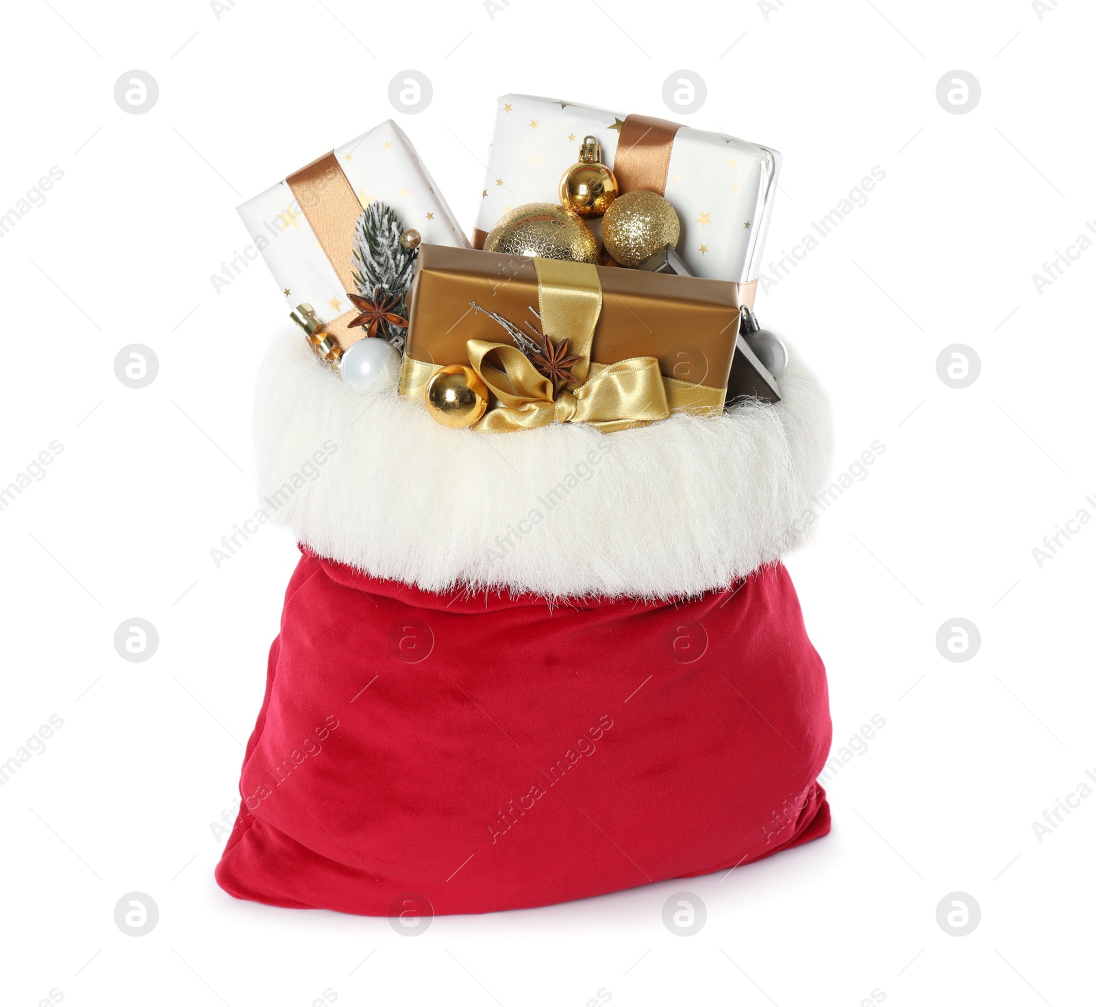 Photo of Santa Claus bag with gift boxes and Christmas balls isolated on white