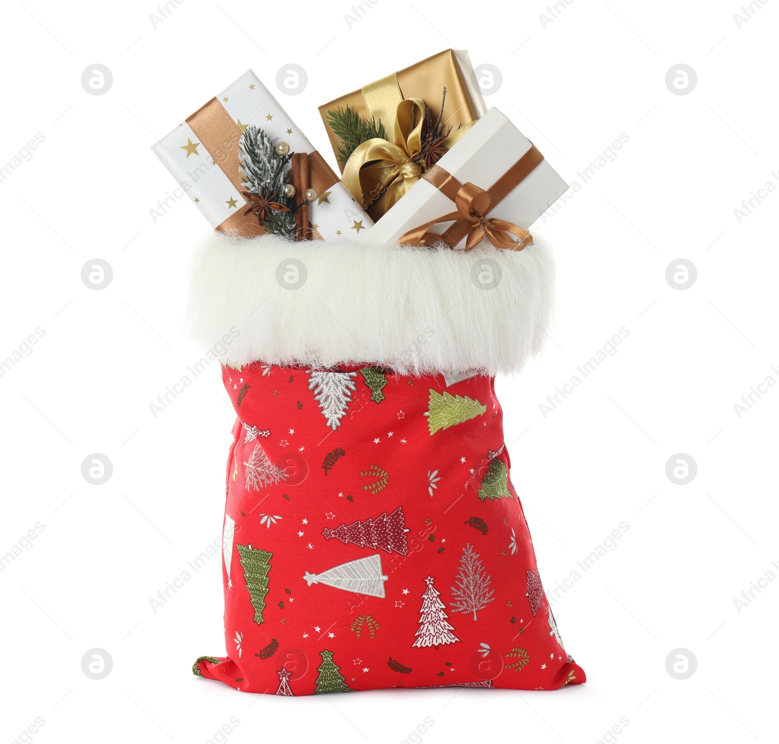 Photo of Santa Claus bag with gift boxes isolated on white