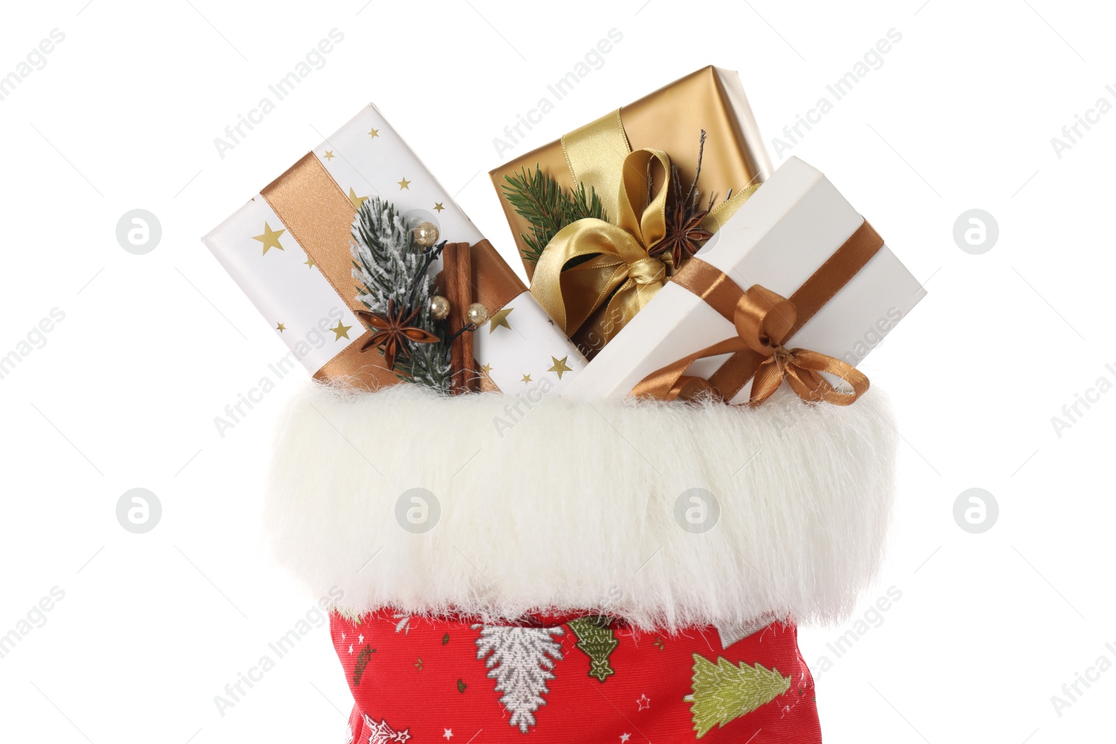 Photo of Santa Claus bag with gift boxes isolated on white