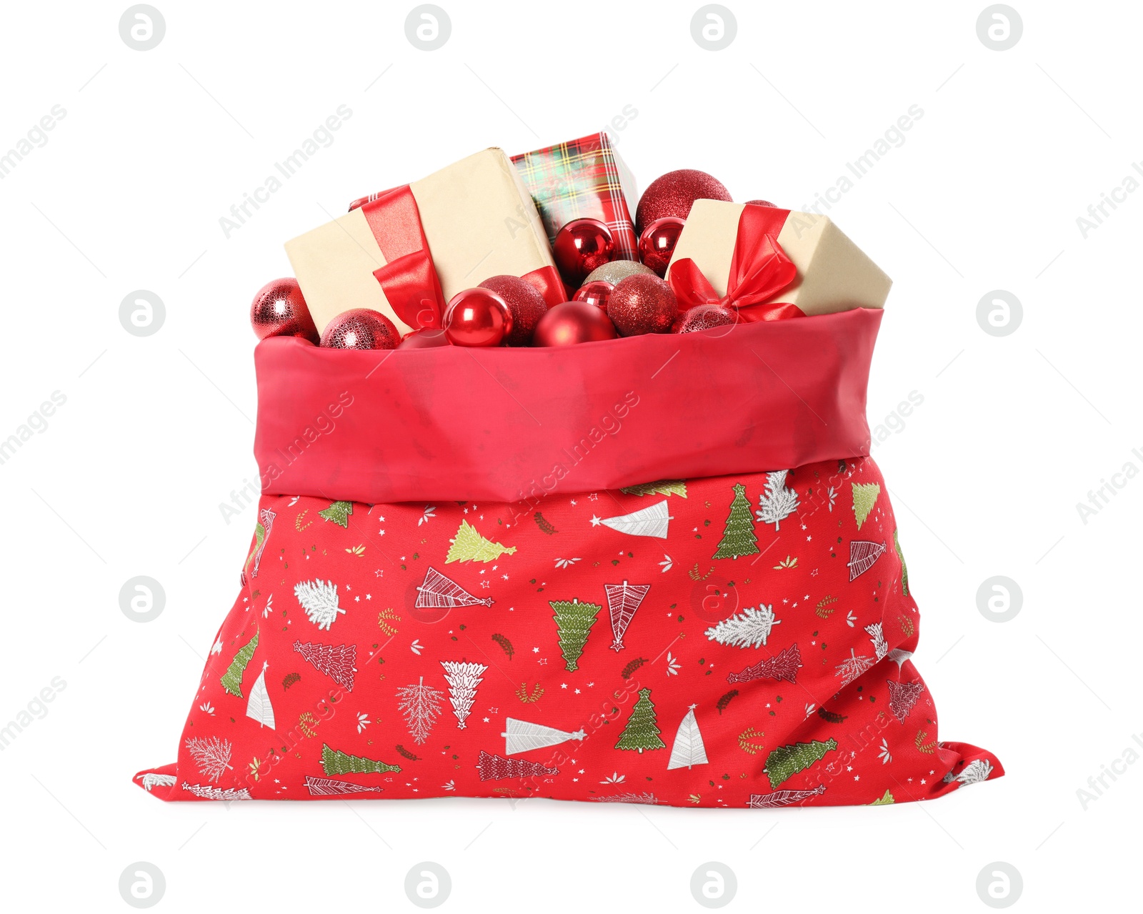 Photo of Santa Claus bag with gift boxes and Christmas balls isolated on white