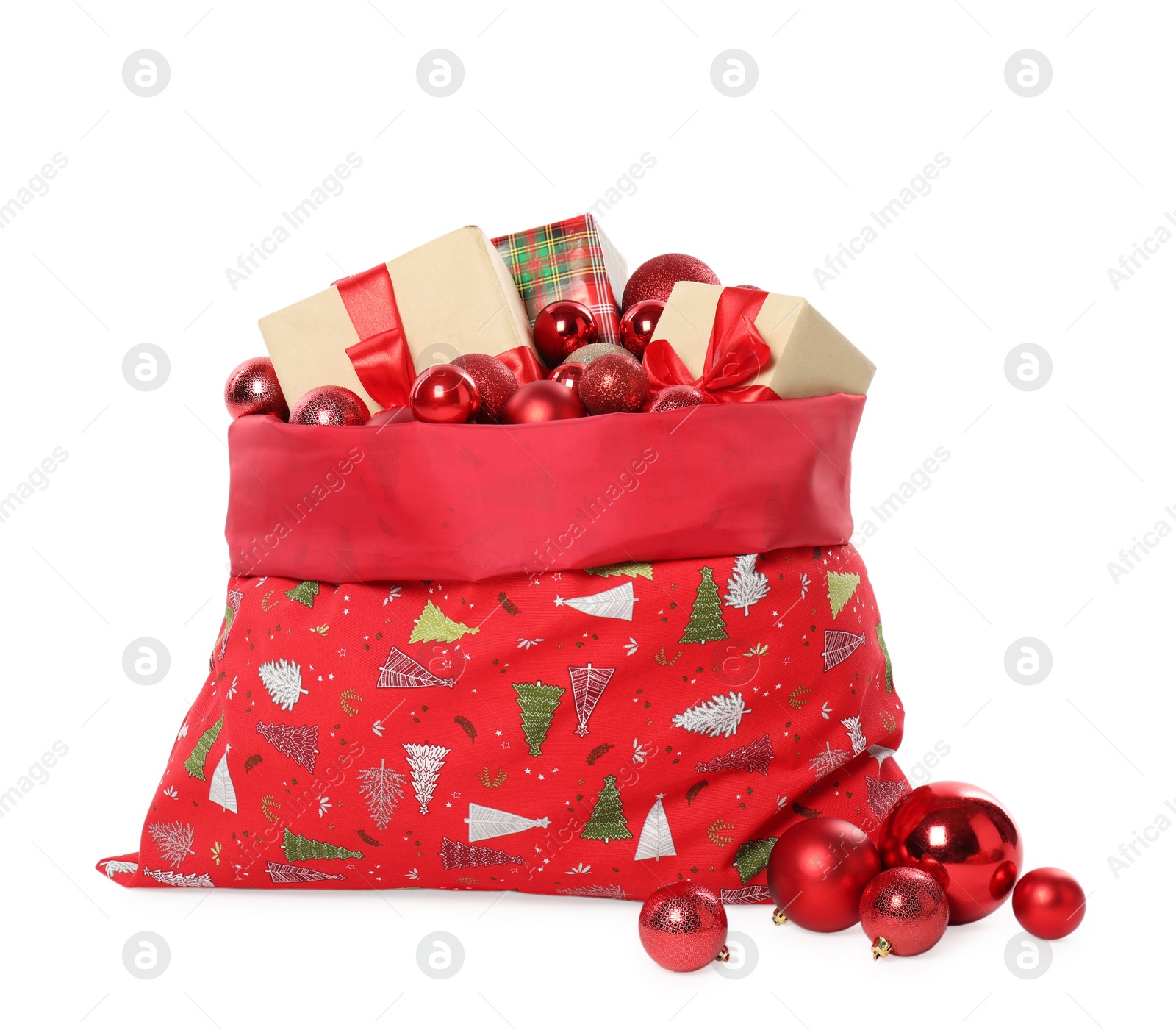 Photo of Santa Claus bag with gift boxes and Christmas balls isolated on white