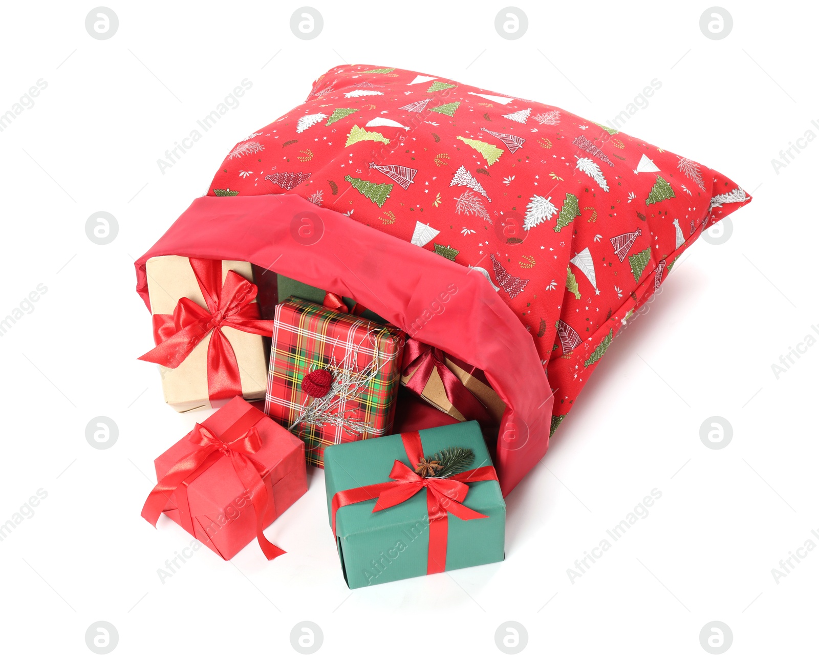 Photo of Santa Claus bag with gift boxes isolated on white