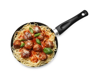 Delicious pasta with meatballs in frying pan isolated on white, top view