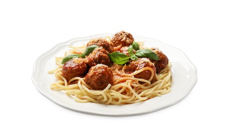 Delicious pasta with meatballs isolated on white