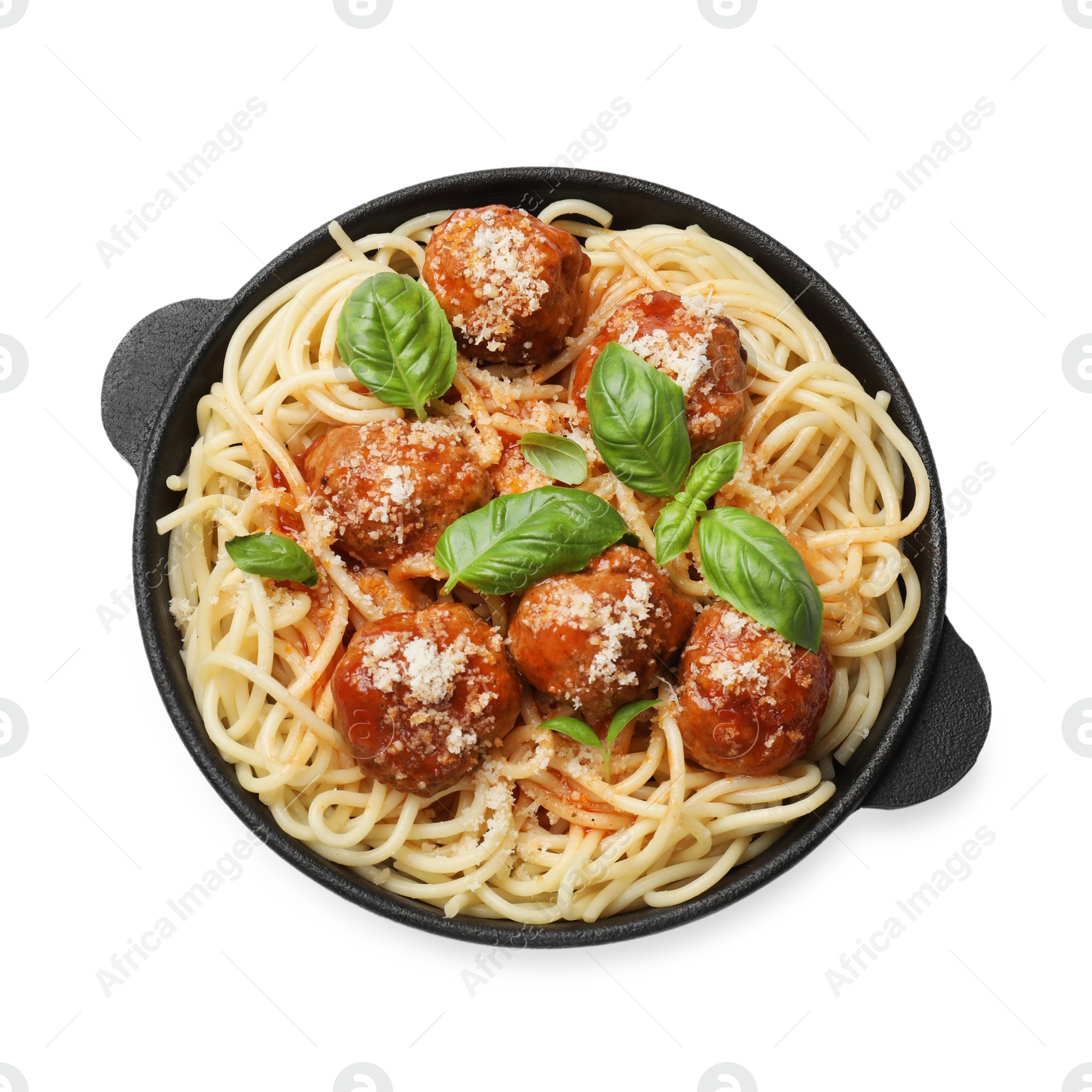 Photo of Delicious pasta with meatballs isolated on white, top view