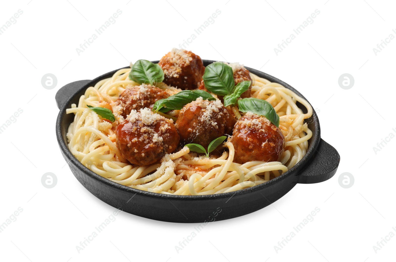 Photo of Delicious pasta with meatballs isolated on white