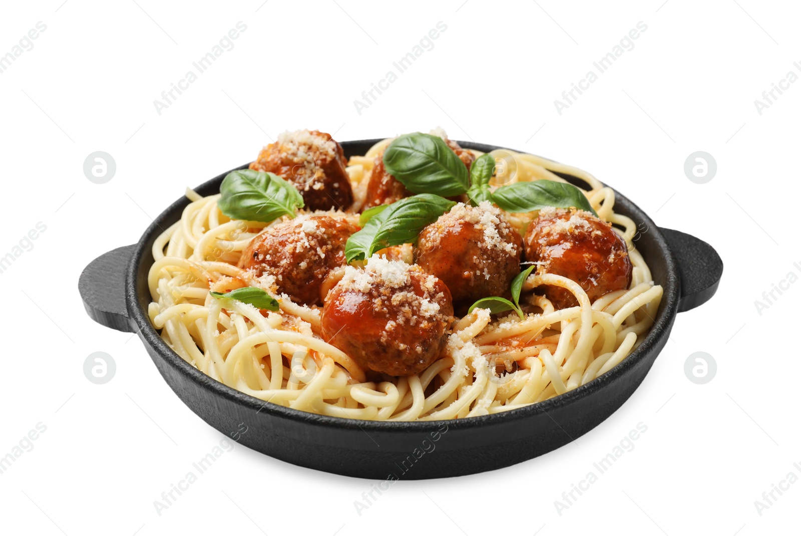 Photo of Delicious pasta with meatballs isolated on white