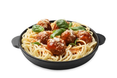 Photo of Delicious pasta with meatballs isolated on white