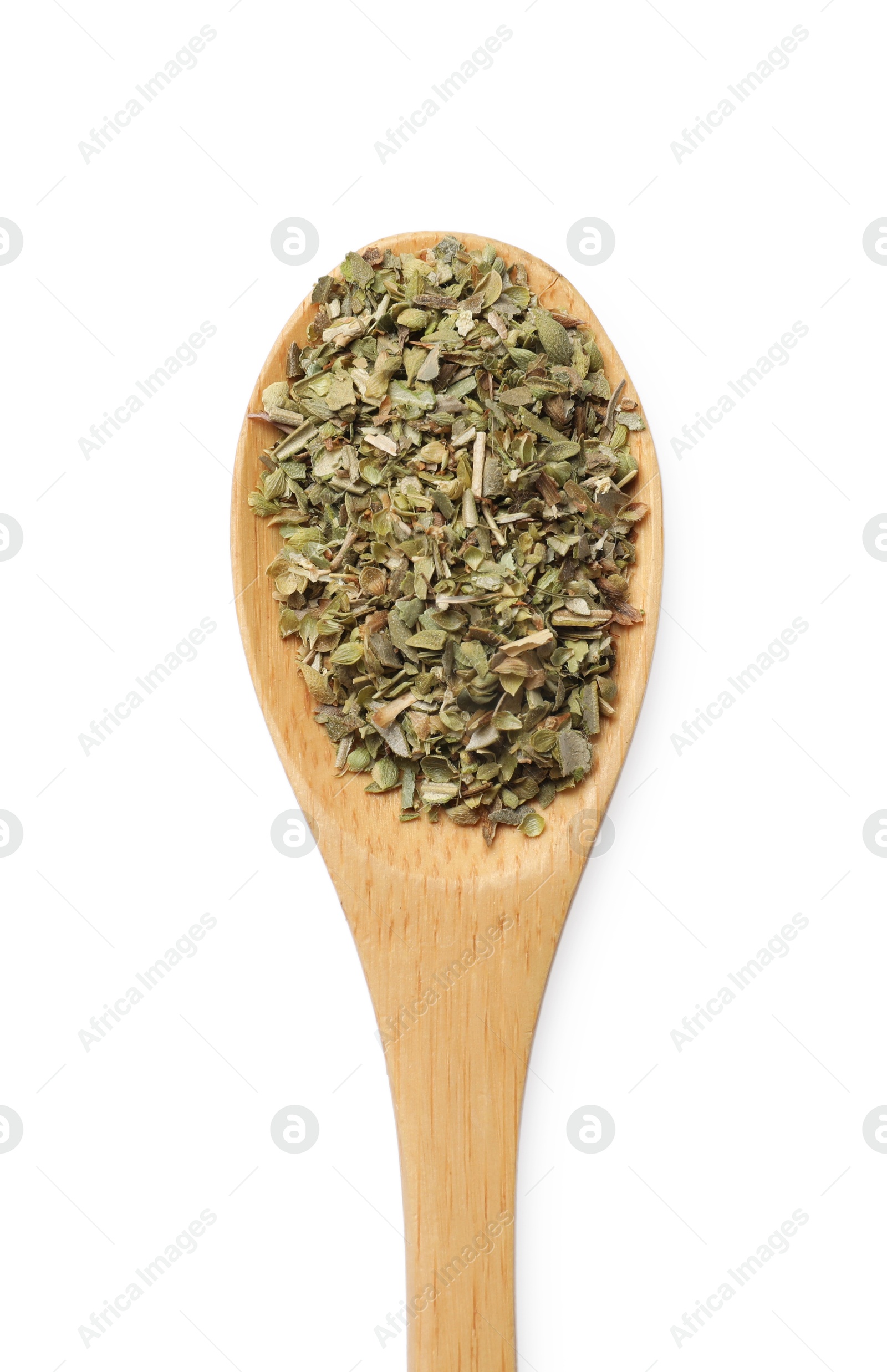 Photo of Dried oregano in spoon isolated on white, top view