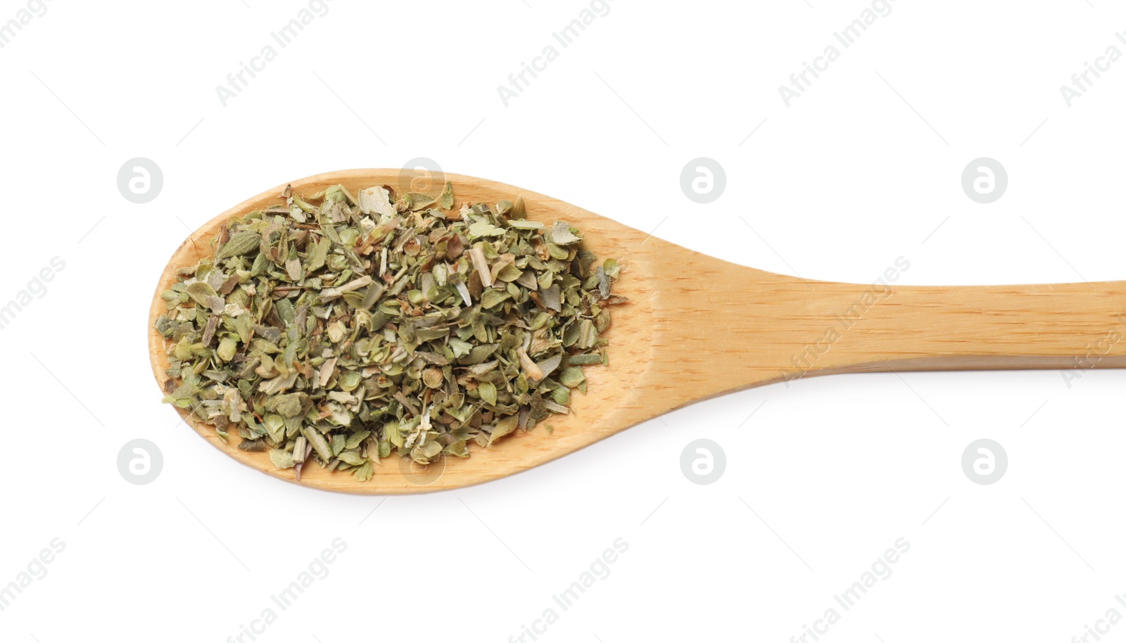 Photo of Dried oregano in spoon isolated on white, top view