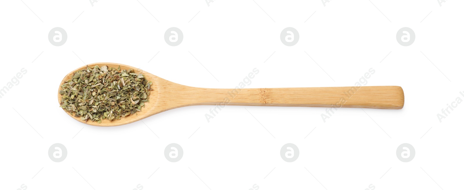 Photo of Dried oregano in spoon isolated on white, top view