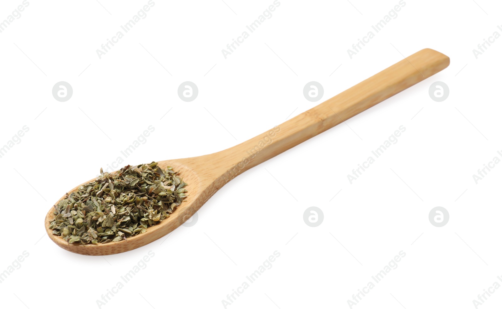 Photo of Dried oregano in spoon isolated on white