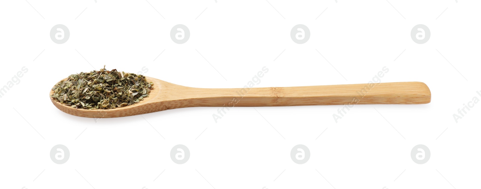 Photo of Dried oregano in spoon isolated on white